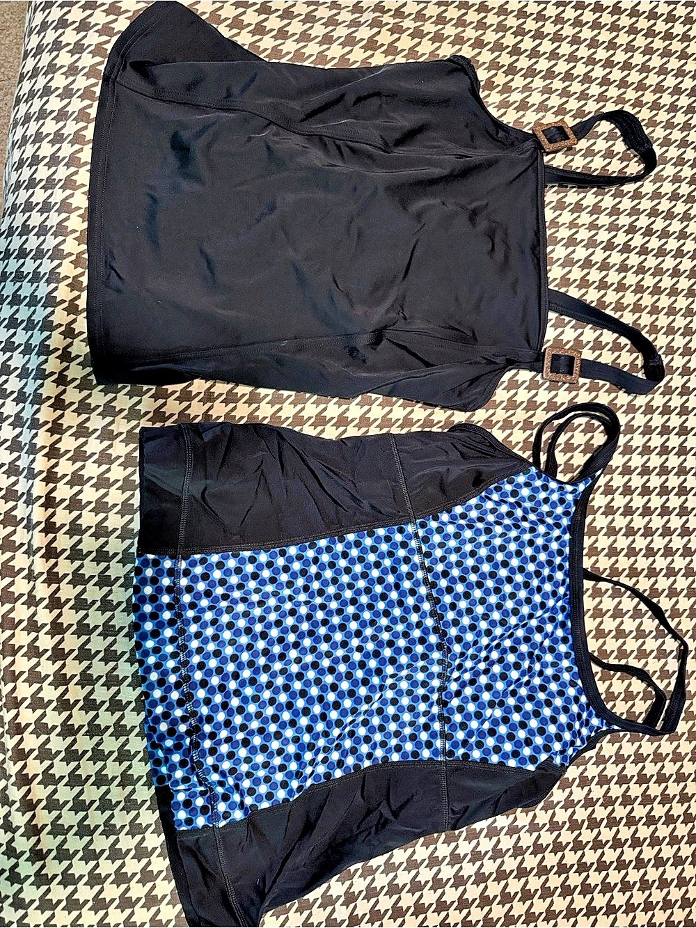 (2) Lands' End Polka Swimsuit tops in Blue & Black Size 12 and Size 10